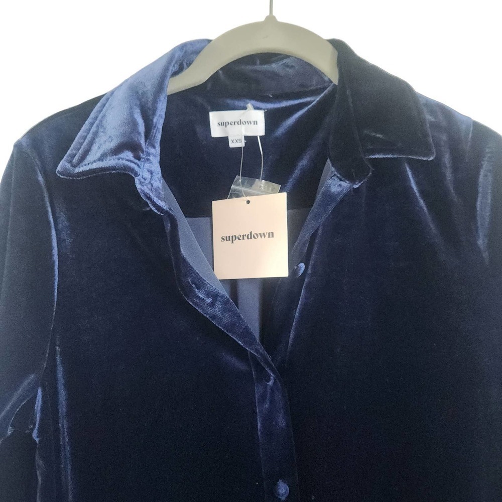 NWT Superdown Velvet Buttondown Shirt‎ Dress in Navy Size XXS - Picture 4 of 6